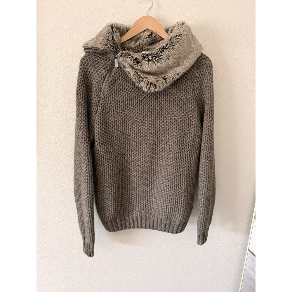 ZARA Man Faux Fur Collar Asymmetric Quarter Zip Knitted alpaca wool blend grey